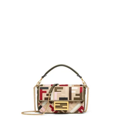 Baguette Mini - Sac en toile avec broderie FF multicolore | Fendi