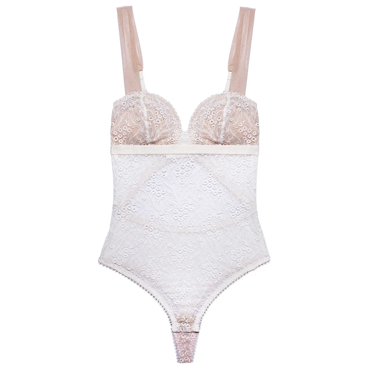 Body string en dentelle recyclée et bretelles en toile EmmaUp Crème