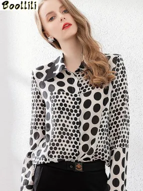 Boollili Chemisier Soie Élégant Vintage Femme – Pois