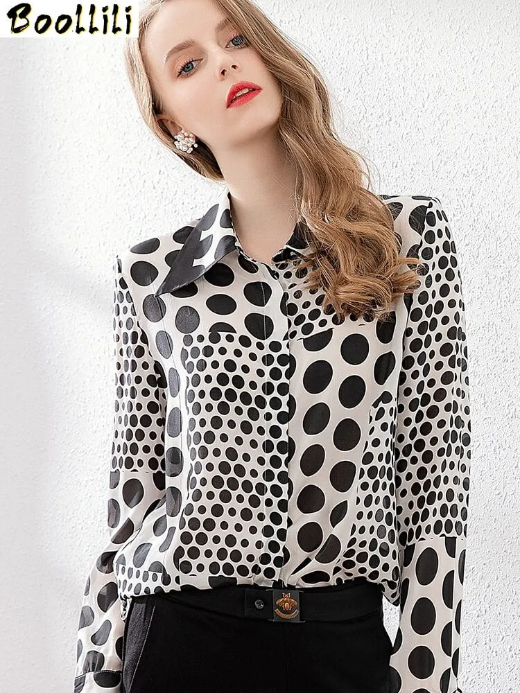 Boollili Chemisier Soie Élégant Vintage Femme – Pois