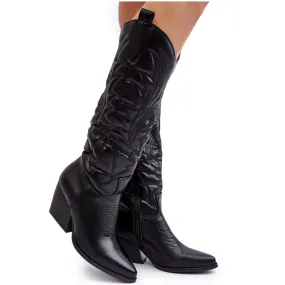 Bottes de cowboy en cuir pour femmes sur un talon haut noir Sloana le noir