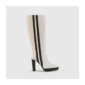 Bottes femme en cuir lisse blanc avec plateforme et rayures noires sur le côté extérieur | LODI Chaussures femme en ligne.