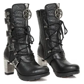 Bottes gothique New Rock en cuir vegan noir M.TR096-V2 avec talon métalissé