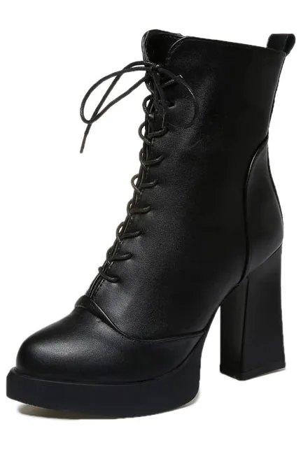 Bottes motardes noirs femme plate-forme talon haut à lacets