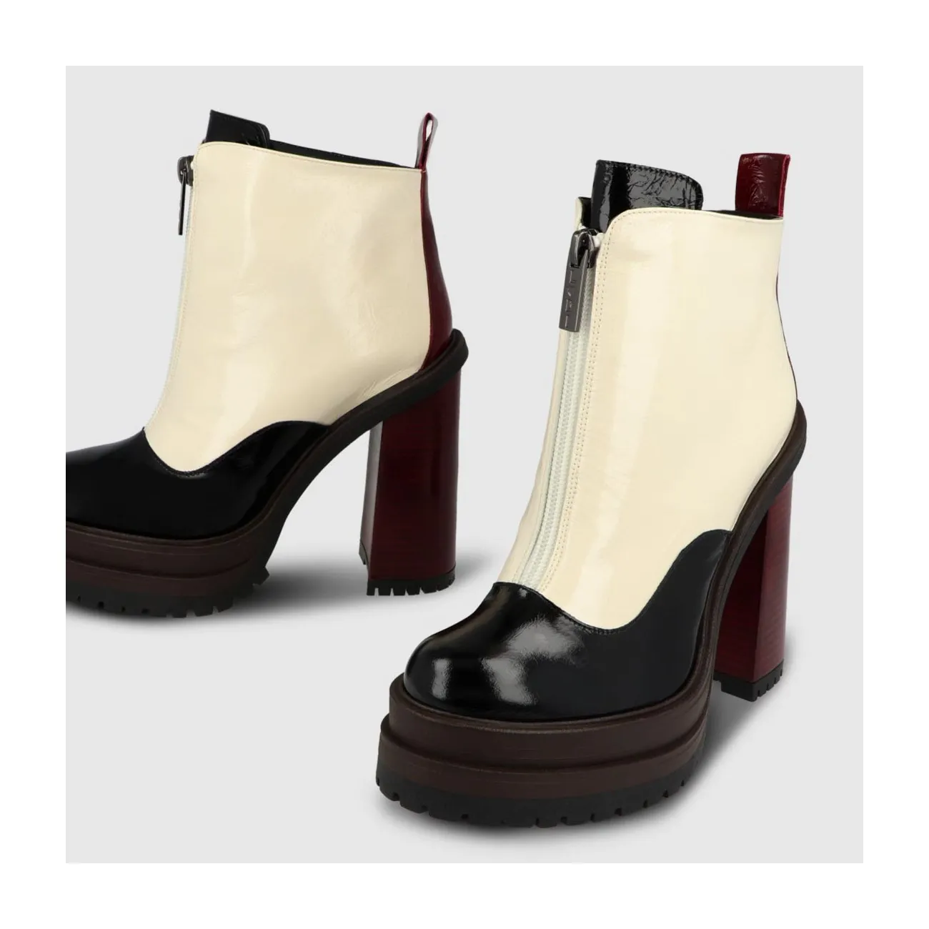 Bottines femme à talons hauts en cuir combiné noir, blanc et grenat | LODI Chaussures femme en ligne.