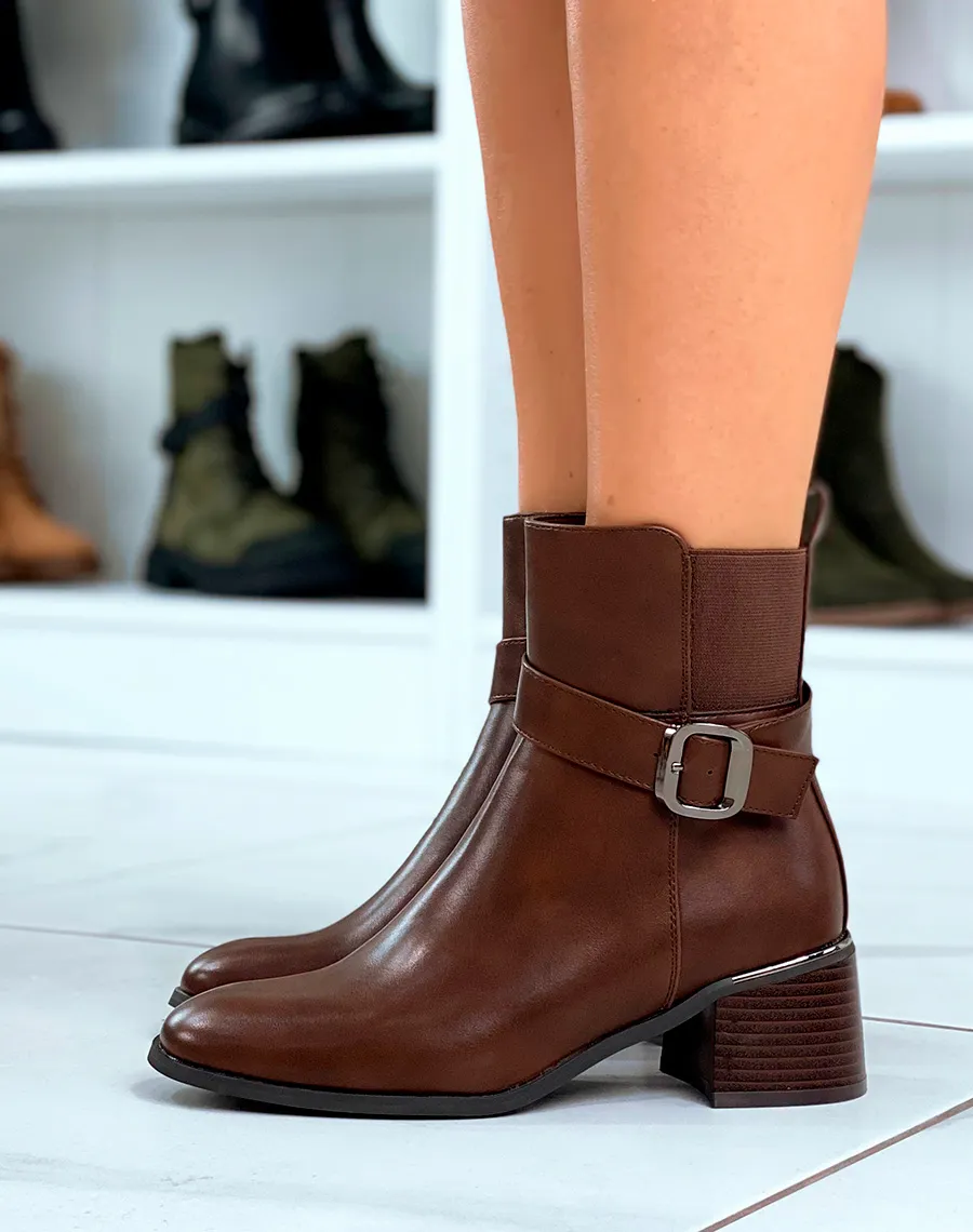 Bottines Marron à Talon et Sangle Argentée