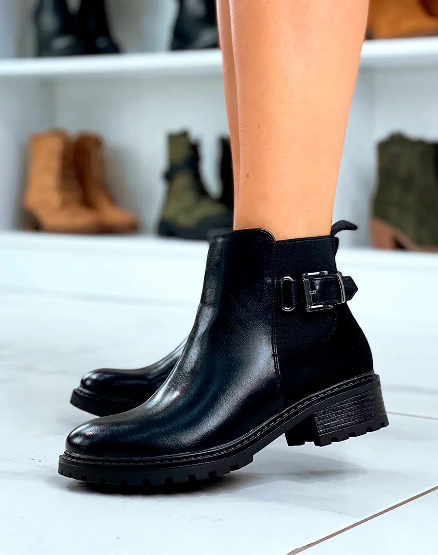 Bottines noires bi-matières à détails argentés