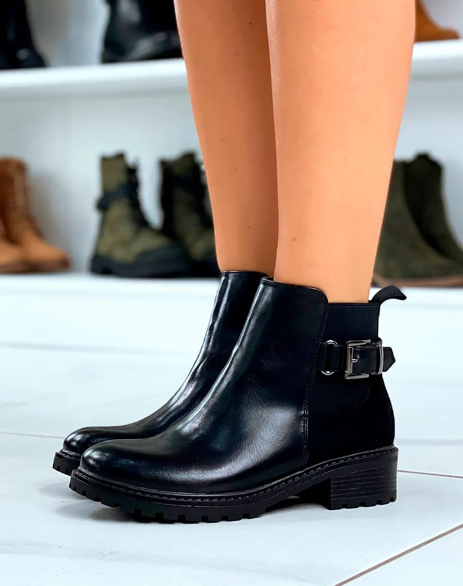 Bottines noires bi-matières à détails argentés