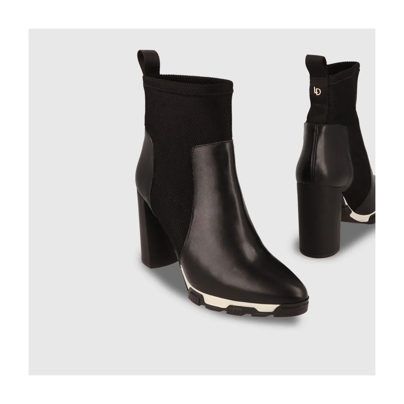Bottines à talons pour femme combinées en cuir noir et tissu élastique assorti | Chaussures femme LODI en ligne.