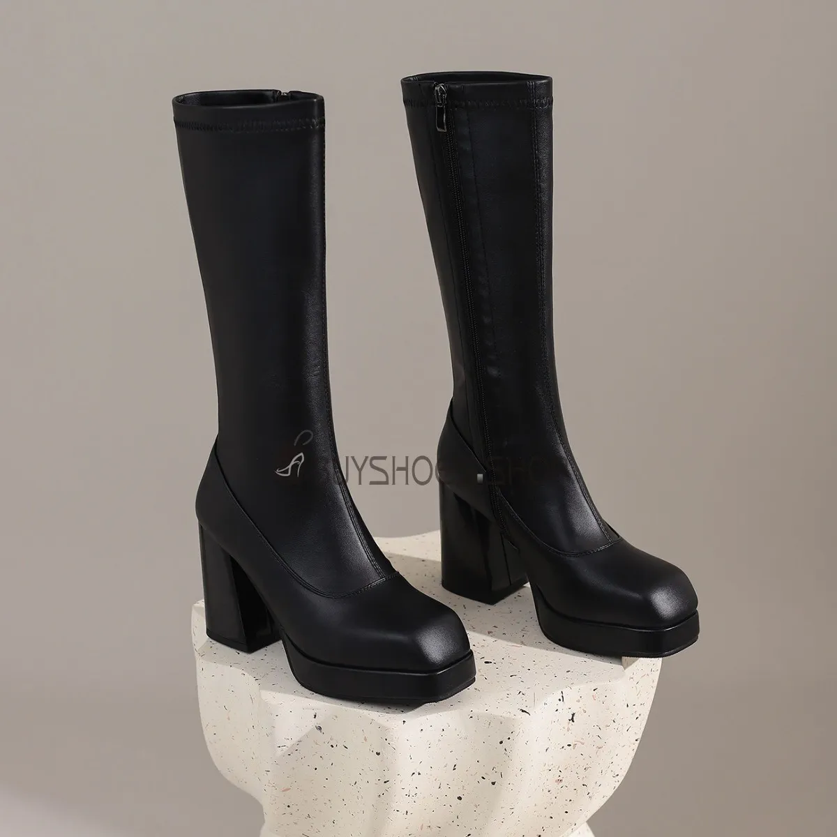Bout Carré Fourrees Talons Epais Talons Carrés Fermeture Éclair A Talon Bottes Mi Mollet Confortable