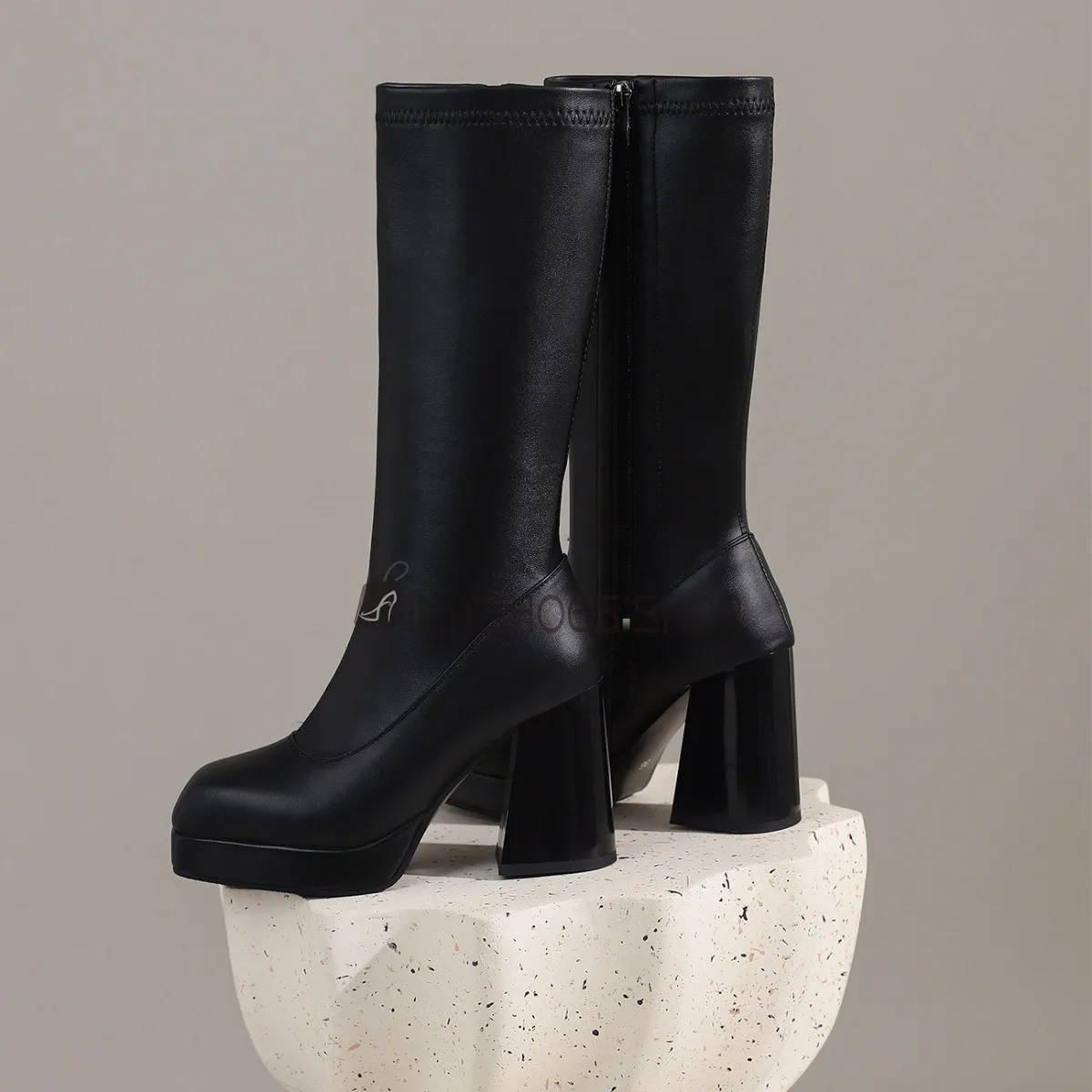 Bout Carré Fourrees Talons Epais Talons Carrés Fermeture Éclair A Talon Bottes Mi Mollet Confortable