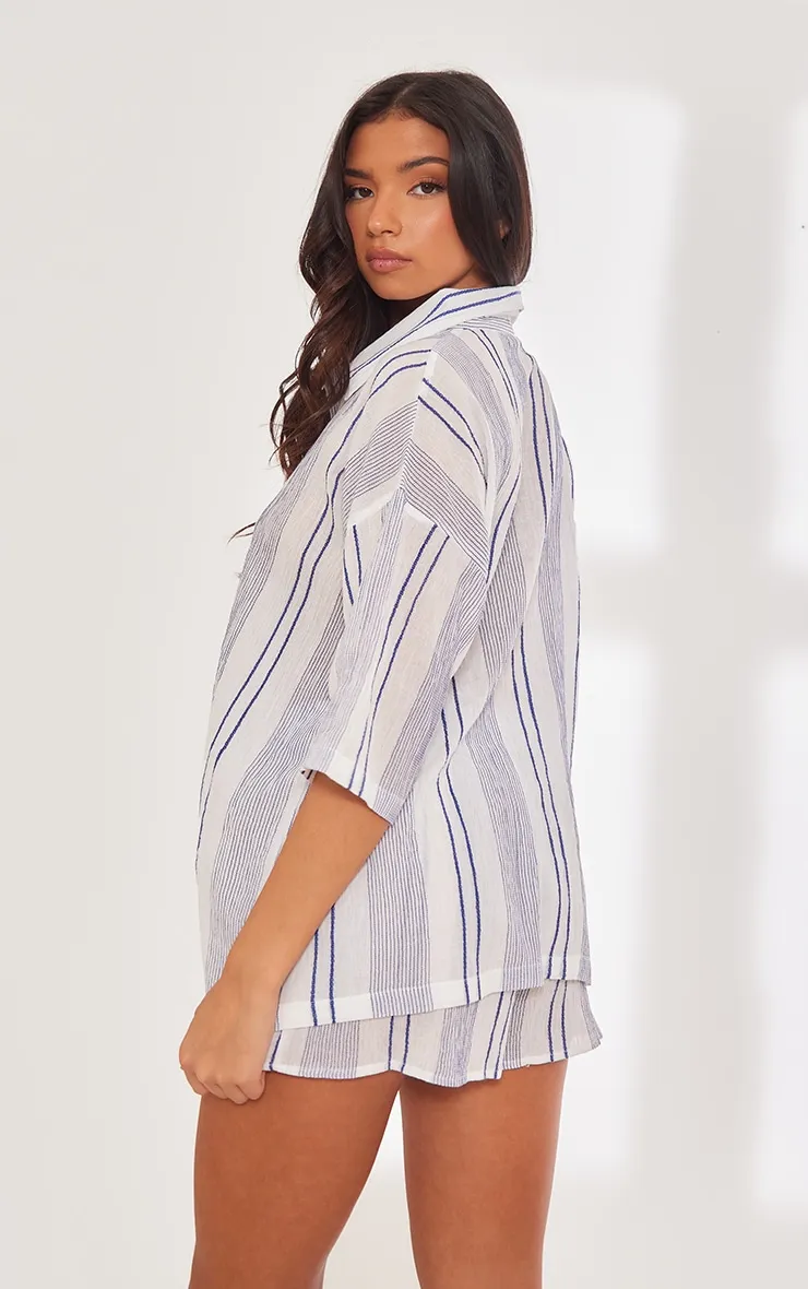 Chemise oversize en lin blanc texturé à rayures et manches courtes