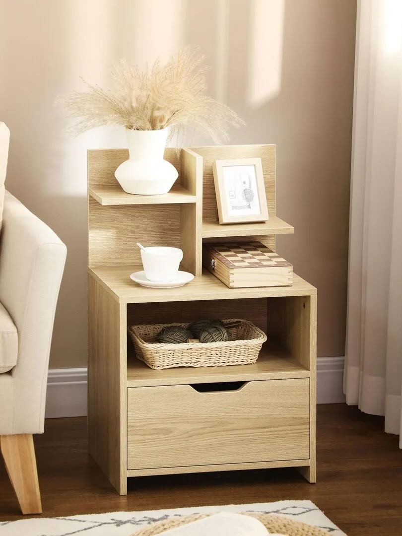 Chevet table de nuit multi-rangement aspect bois de chêne clair - Beige