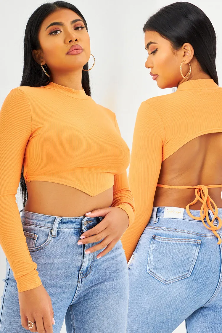 Crop top orange dos nu à lacets