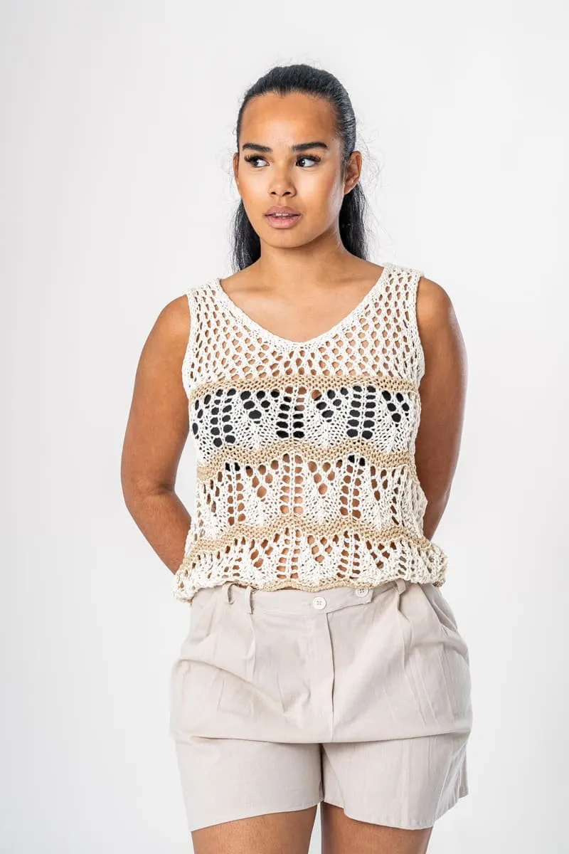 Débardeur crochet col V blanc