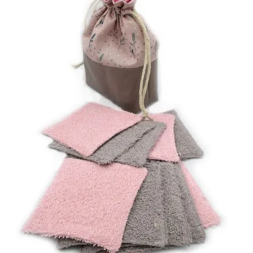 Ensemble 10 lingettes lavables et 1 pochette assortie, tons marron roses, écologique, coton minky, idée cadeau