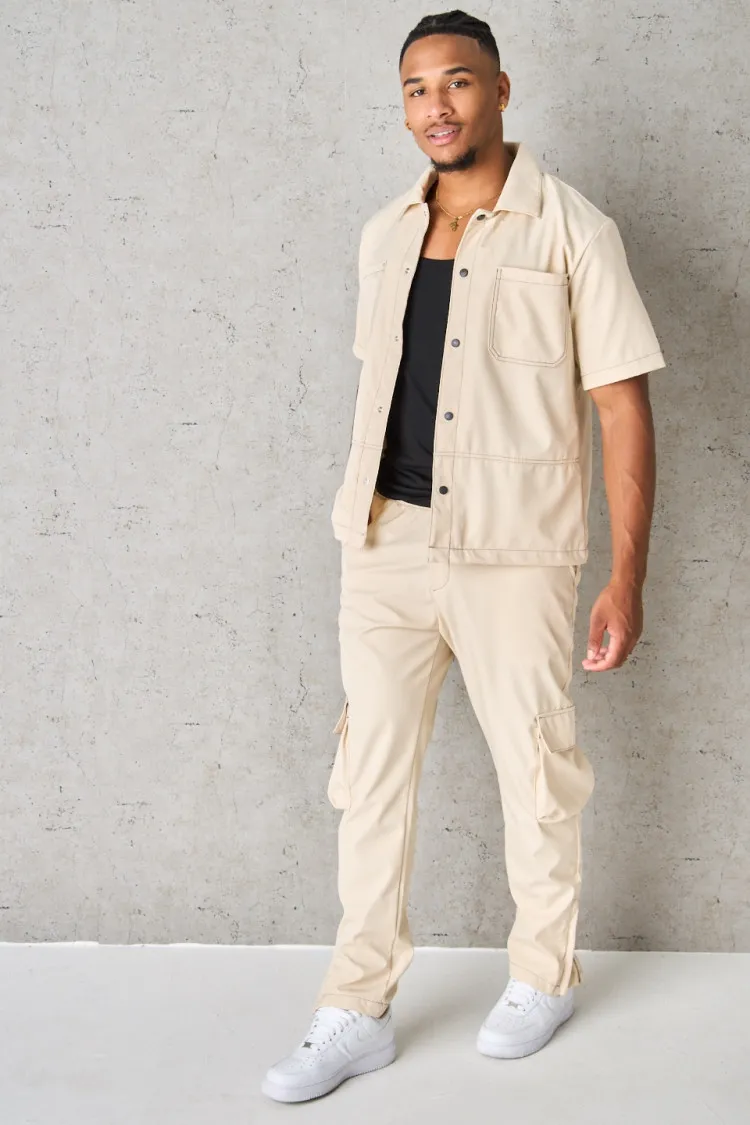 Ensemble 2 pièces chemise + pantalon cargo beige à coutures noires