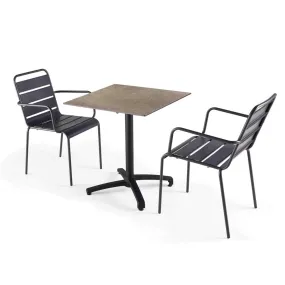 Ensemble table de terrasse stratifié marbre beige et 2 fauteuils gris oviala
