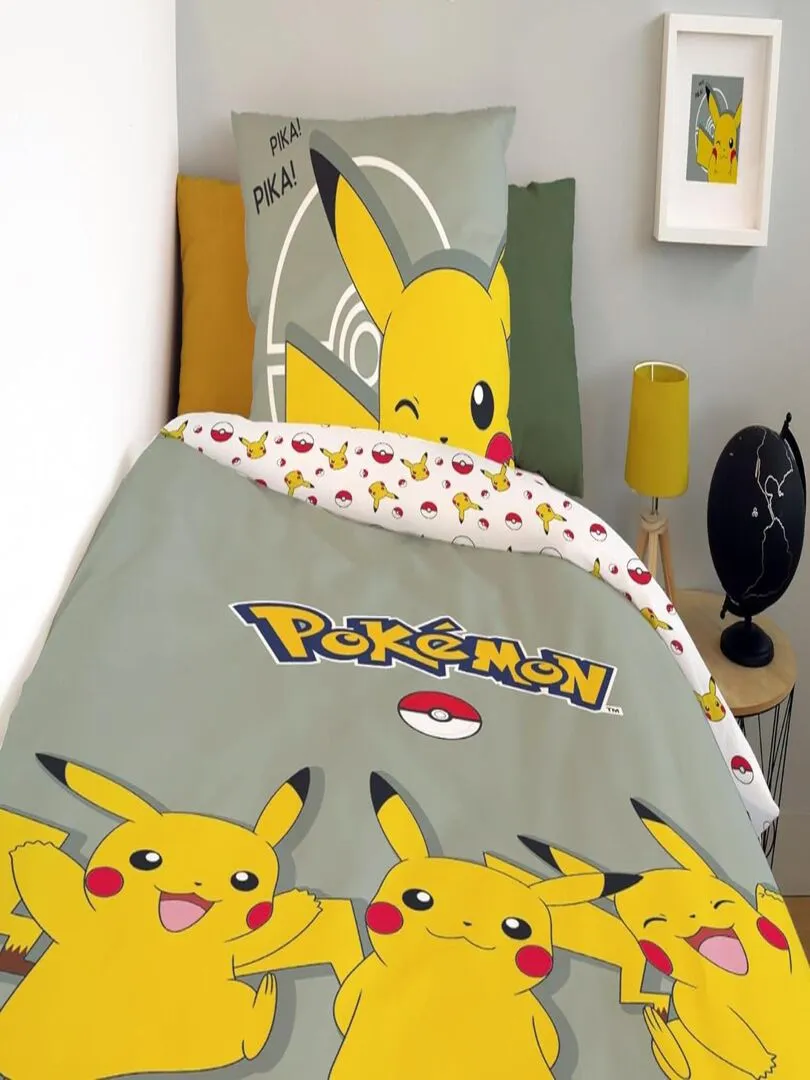 Housse de couette Pikachu Pokémon 140x200 cm - 100% Coton - Vert Sauge - Vert