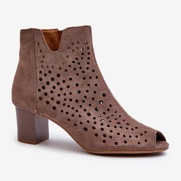 Jezzi Bottes En Daim Eco Ajouré Pour Femme Sur Talon Haut Avec Bouts Ouverts Marron Halania brun