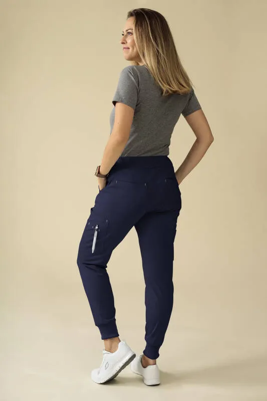 KAERE Pantalon Femme - avec poches cargo et ourlets côtelés Taille courte bleu navy