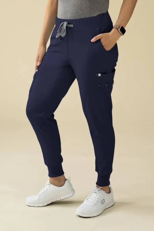 KAERE Pantalon Femme - avec poches cargo et ourlets côtelés Taille courte bleu navy