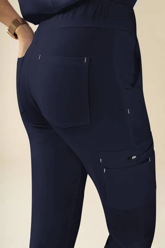 KAERE Pantalon Femme - avec poches cargo et ourlets côtelés Taille courte bleu navy