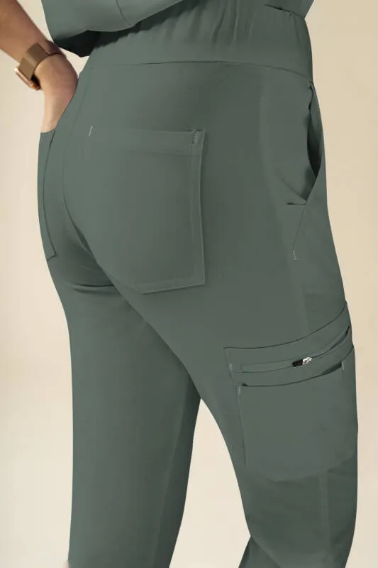 KAERE Pantalon Femme - avec poches cargo et ourlets côtelés Taille courte vert foncé