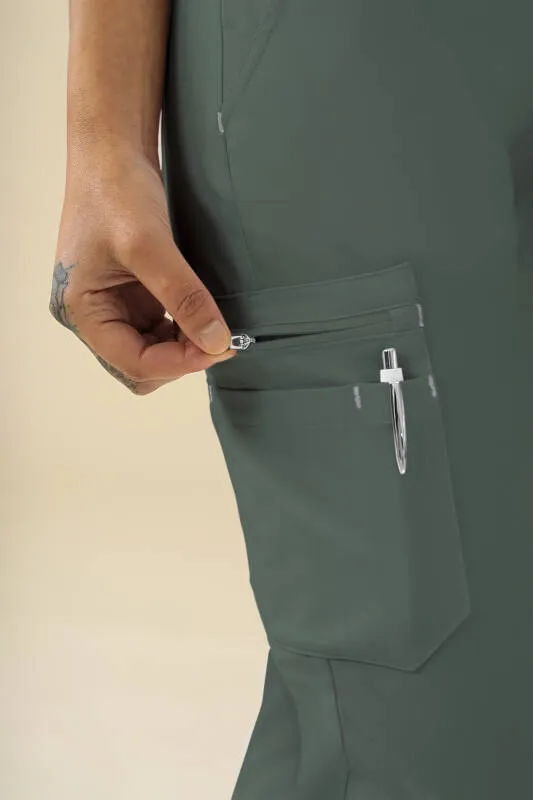 KAERE Pantalon Femme - avec poches cargo et ourlets côtelés Taille courte vert foncé