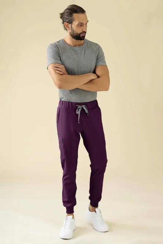 KAERE Pantalon Homme - avec poches cargo et ourlets côtelés prune