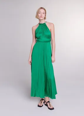 MAJE  Robe longue col rond droite plissée - Vert