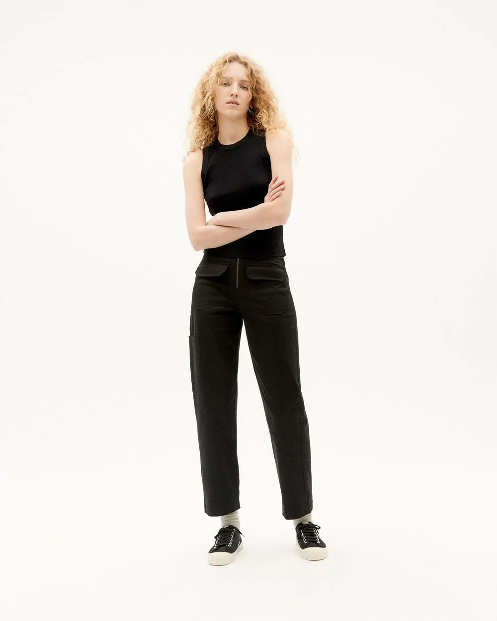 Pantalon cargo en coton bio | noir "black cargo pants" femme - Thinking Mu