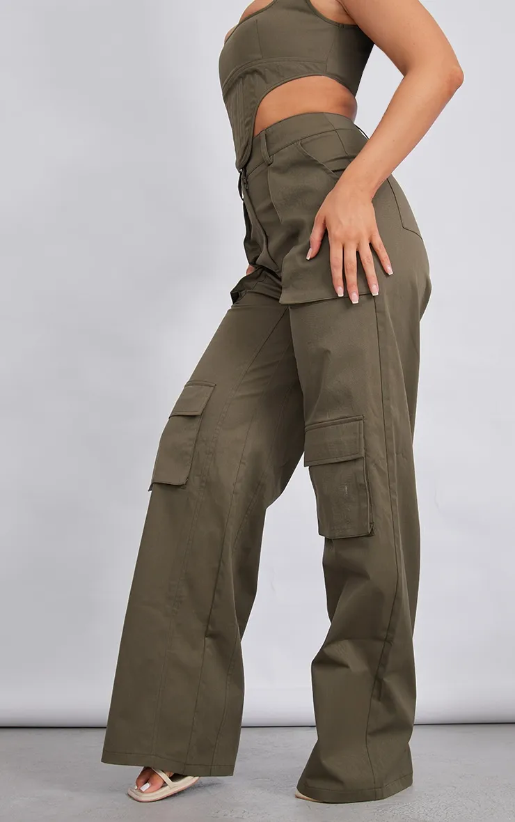 Pantalon cargo en maille sergée kaki à taille haute et poches