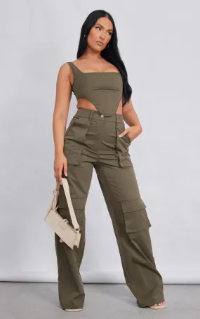 Pantalon cargo en maille sergée kaki à taille haute et poches