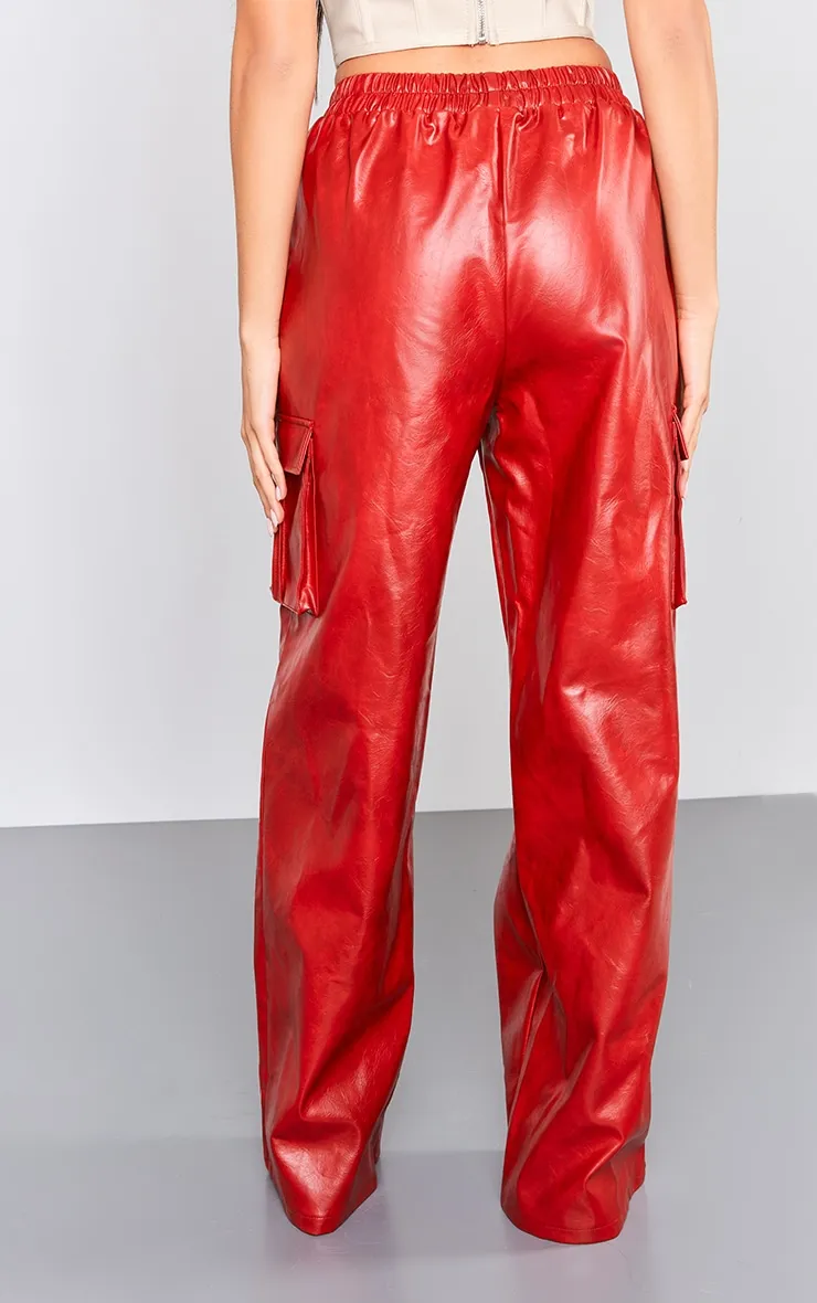 Pantalon cargo  rouge sang délavé ample à taille haute