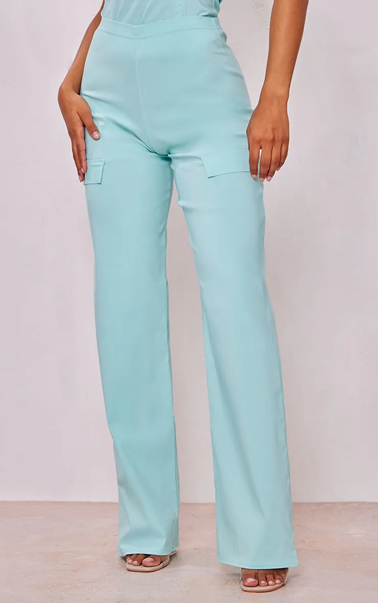 Pantalon cargo tissé stretch turquoise à taille basse