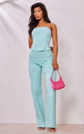 Pantalon cargo tissé stretch turquoise à taille basse