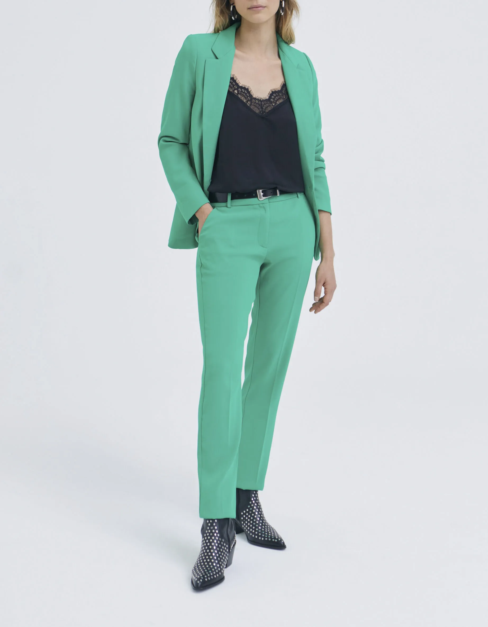 Pantalon droit vert à taille haute Femme