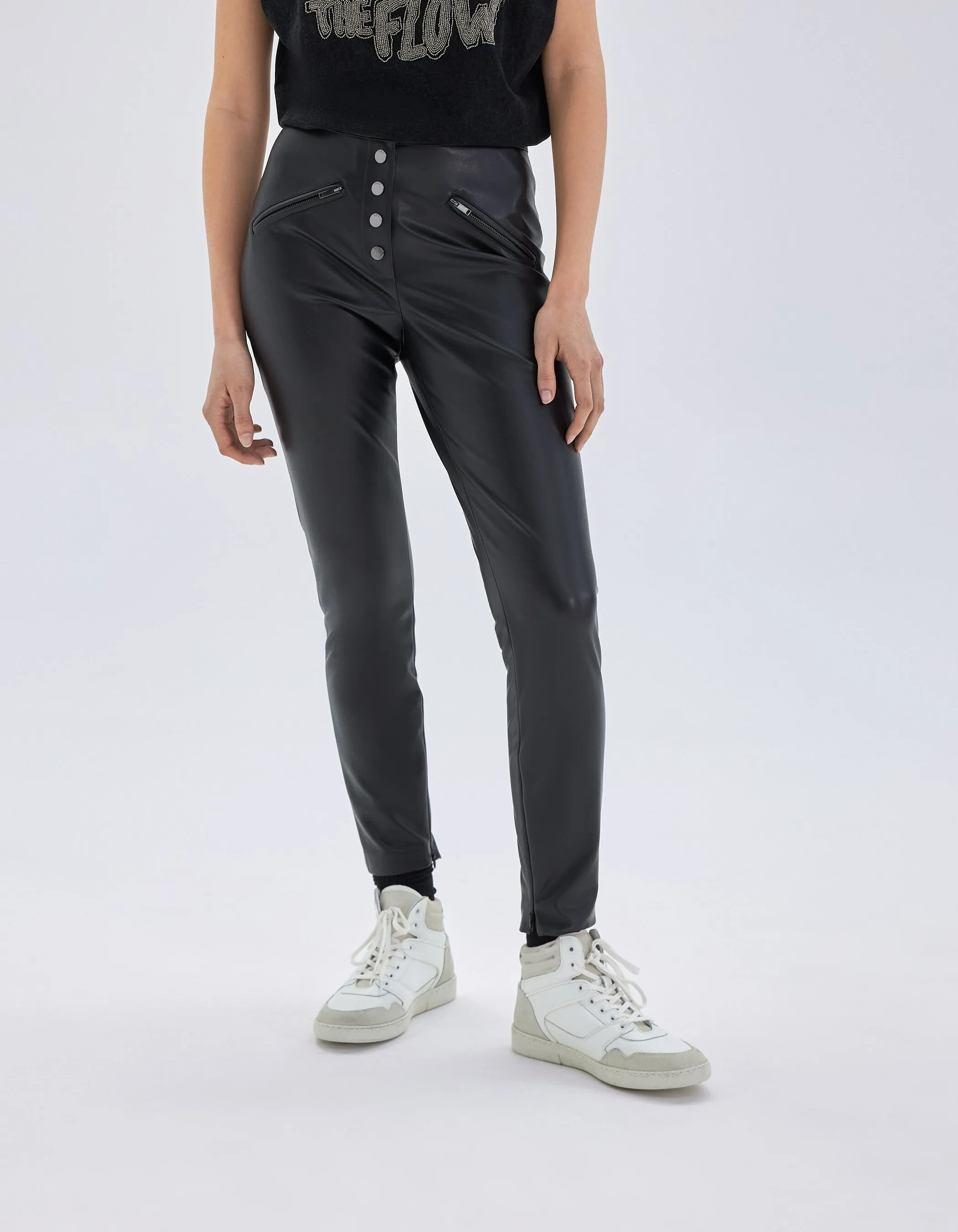 Pantalon skinny noir rock à pressions apparents Femme