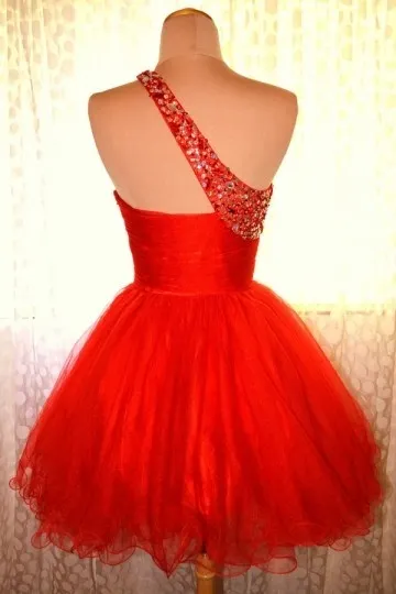 Petite robe cocktail rouge asymétrique à paillettes pour mariage en tulle