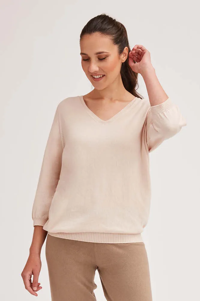 Pull col V coton bio manches 3/4 confort  