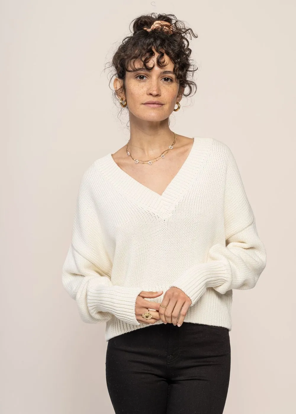 Pull col v en coton bio | écru "luz - offwhite" femme - Jan'n June