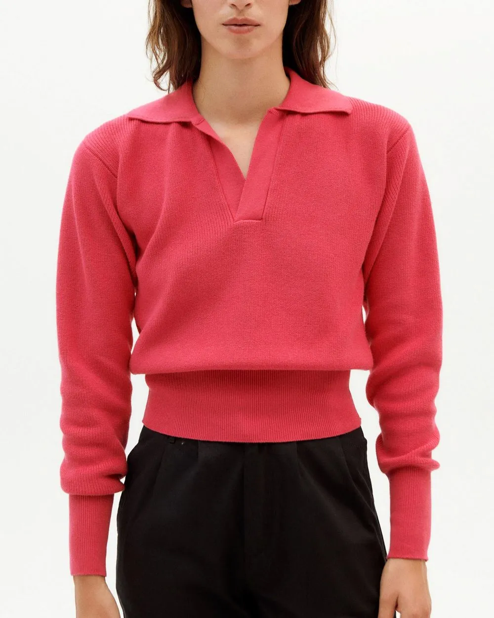 Pull col v rose en coton bio - pink sara knit sweater pink femme