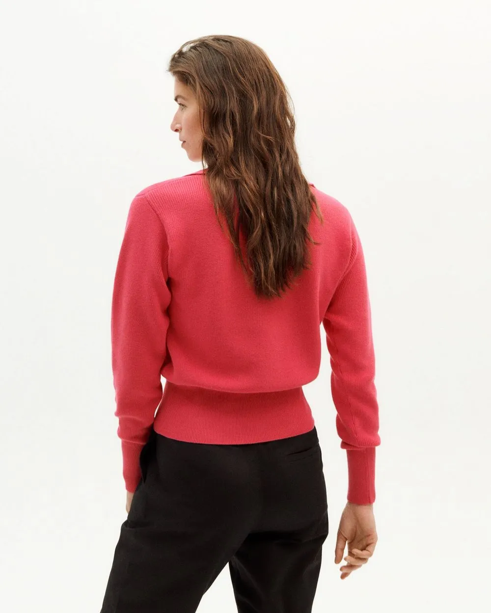 Pull col v rose en coton bio - pink sara knit sweater pink femme