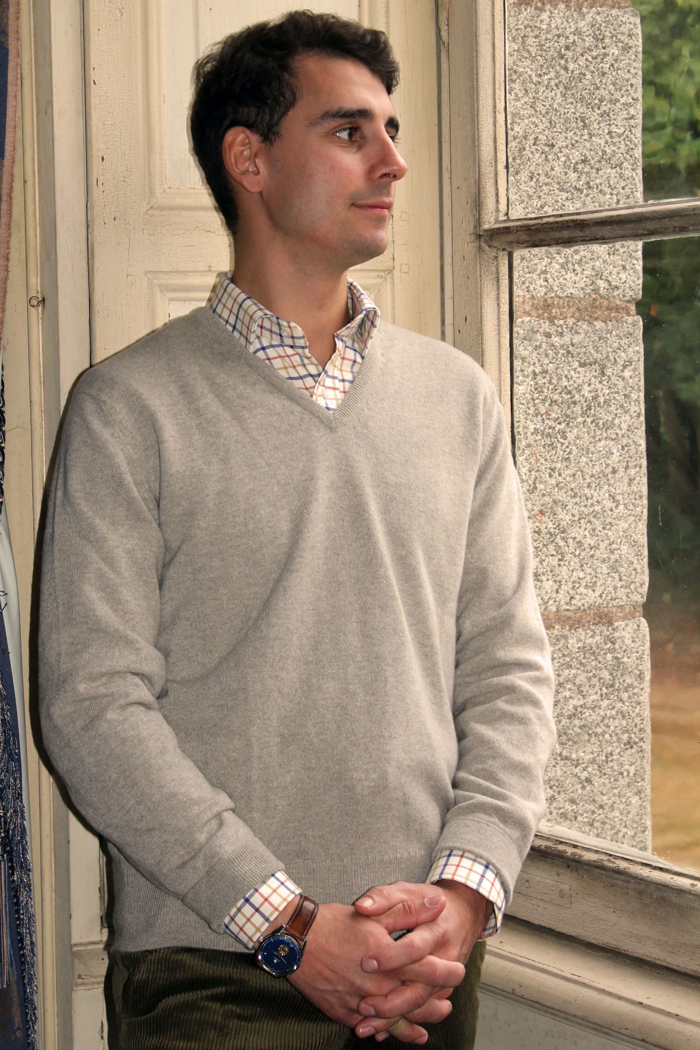 Pull Homme Col en V en Cachemire Beige Galet