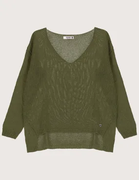 Pull Maille Fine Col V Kaki Militaire