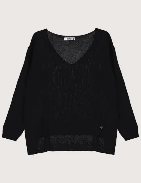 Pull Maille Fine Col V Noir