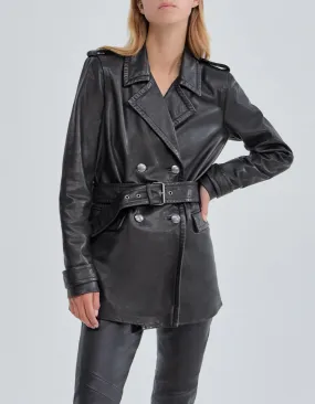 Pure Edition-Veste longue noire en cuir ceinturée Femme
