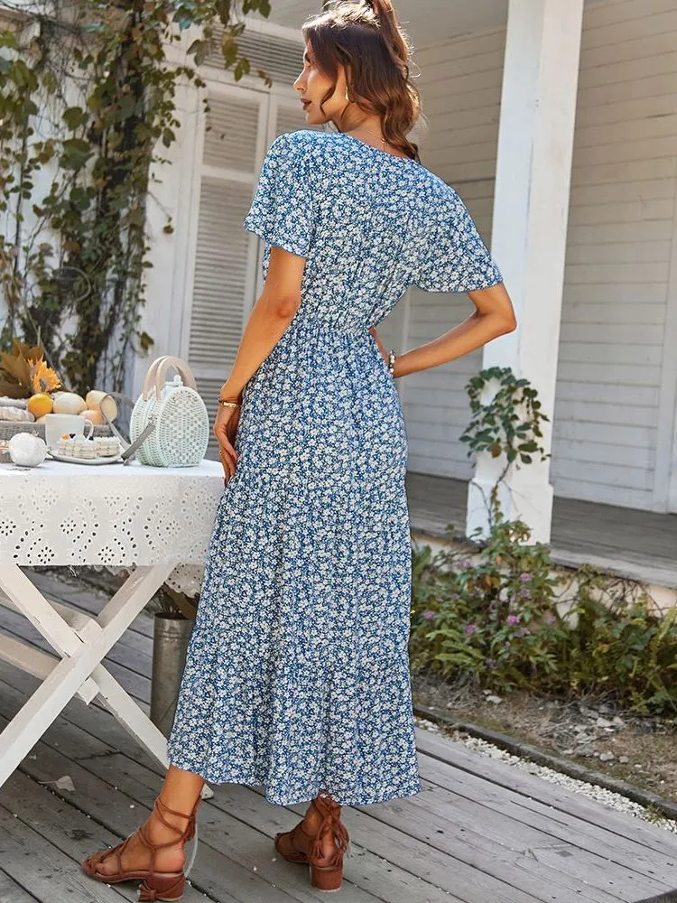Robe champêtre fleurie bleue décontractée pour femmes | Tendance Fleurie