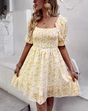 Robe champêtre fleurie courte jaune ample et décontractée | Tendance Fleurie